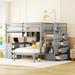 Full Over Twin Bunk Bed with Desk, Pine Wooden Bed with 4 Drawers, Storage Bed with Guardrail for Bedroom, Grey