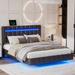 Full Modern PU Leather Floating Platform Bed Frame, USB Charging, Remote/APP Control LED