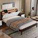 Queen size Platform Bed, with USB Charging Station and Storage Upholstered Headboard, LED Bed Frame, Walnut Beige