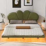 Modern Green Full Size Floating Bed with Leather Headboard, LED Light Strip, Sleek Design for Contemporary Bedrooms