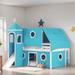 Full Size Castles Shape Bunk Bed with Slide Tent and Tower, Wooden Kids Bed Frame with Storage Space for Bedroom, Blue