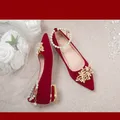 Chaussures de mariage à talons hauts pour femmes rouge perlé à lacets robe de mariée chaussures