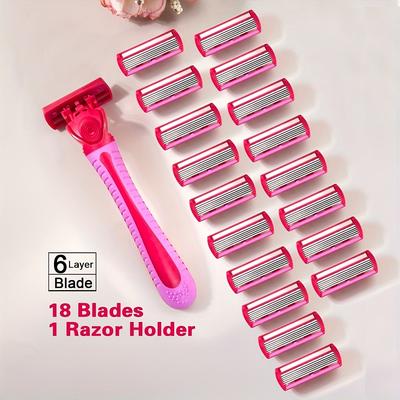 1 Handle + 18 Blades, Manual Women Body Bikini Hair Removal Safety Razor 6-layer Stainless Steel Razor