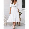 Damen Midikleid Weißes Kleid Spitzenkleid Freizeitkleid A Linie Kleid Elegant Streetwear A-Linie Urlaub Straße Ferien Lässiger Schnitt Dreiviertelarm V Ausschnitt Weiß Sommer