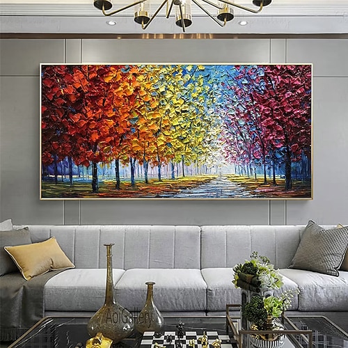 Großes, handgemaltes, farbenfrohes abstraktes Ölgemälde auf Leinwand, buntes Baumwald-Herbstgemälde für Schlafzimmer, Wohnzimmer, Dekoration, Kunst, handgemaltes, schweres, strukturiertes pastoses Image
