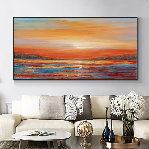 Handgefertigtes Ölgemälde auf Leinwand, Wandkunst, Dekoration, moderne abstrakte Meeres-Sonnenaufgang-Landschaft für Heimdekoration, gerolltes, rahmenloses, ungedehntes Gemälde Image