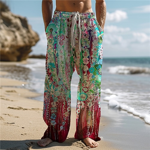 Herren Hawaiianisch Blumen Hosen Hose 3D-Druck Hose mit geradem Bein Mittlere Taillenlinie Elastischer Kordelzug in der Taille Outdoor Strasse Festtage Sommer Frühling Herbst entspannte Passform Image