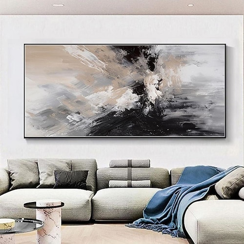 Handgefertigtes Ölgemälde auf Leinwand, Wandkunst, Dekoration, schwarz-weiß, modernes, einfaches, handgemaltes, abstraktes, dekoratives Bild für Zuhause, Wohnzimmer, gerolltes, rahmenloses, Image