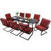 Perfect 7 Piece Outdoor Patio Dining Set 6 Spring Motion Cushion Chairs 1 Rectangular Table with 1.57 Umbrella Hole Furniture Sets for Lawn Backyard Garden Red