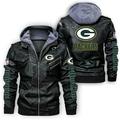 Autumn Winter Men s PU Leather Hooded Jacket With High-quality Printed Outdoor Rugby Competition Jersey Fans Coat - Green Bay - Packers