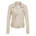 Lovskoo Women Faux Leather Jacket Moto Biker Coat Trendy Jacket Solid Long Sleeve Zipper Pocket Classic Asymmetrical Motorcycle Jacket Standard Outerwear Tops Short Coat Beige