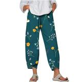 VEKDONE Cotton Linen Capri Pants for Women Flower Graphic High Waisted Tulip Straight Trousers Plus Size Loose Fit Wide Leg Pants with Pockets Green XXL