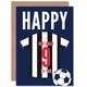 Football Fan 9th Happy Birthday Card for Boys Girls Black White Striped Jersey Football Top on Dark Blue Background