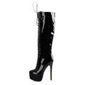 THOYBMO Women's Mid Calf Boots Patent Leather Platform Stiletto Boots Round Head Lace Up Side Zip Knee High Boots Pump Formal Dress for Casual Travel,Black,44