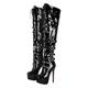 blingqueen Women's Platform Thigh High Boots with Zipper Stiletto Heel Over The Knee High Boots Lace Up Punk Motorcycle Boots Buckles Chains Rivets Ornamented Long Shaft Sock Boots Black Size 10