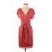 Ann Taylor LOFT Casual Dress - Wrap V-Neck Short sleeves: Red Print Dresses - Women's Size Small