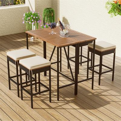 Outdoor Wood Bar Table and Stools with Cushions, Garden Wicker Dining Set