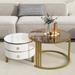 Set of 2 Stackable Coffee Table with 2 Drawers, Nesting Tables with Brown Tempered Glass White Golden - 2 Pcs