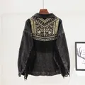 Boho Women's Denim Jacket 2023 Spring Vintage Floral Embroidery Suede Fringe Loose Long Sleeve Jean