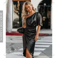 Bodycon Sexy Party Silk Robe Satin Dress Black Women Short Sleeve One Shoulder High Split Ruched