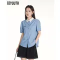 Toyouth-Chemisier brodé à manches courtes et col polo pour femme chemises slim bleu et blanc