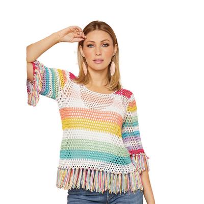 Masseys Fringe Summer Sweater (Size 2X) Multi Stripe, Acrylic,Polyester