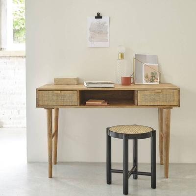 Bdbd - Schreibtisch mit 2 Schubladen und 1 Nische aus Mangoholz und Rohrgeflecht