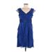 Adrianna Papell Cocktail Dress - Party V Neck Short sleeves: Blue Solid Dresses - Women's Size 8