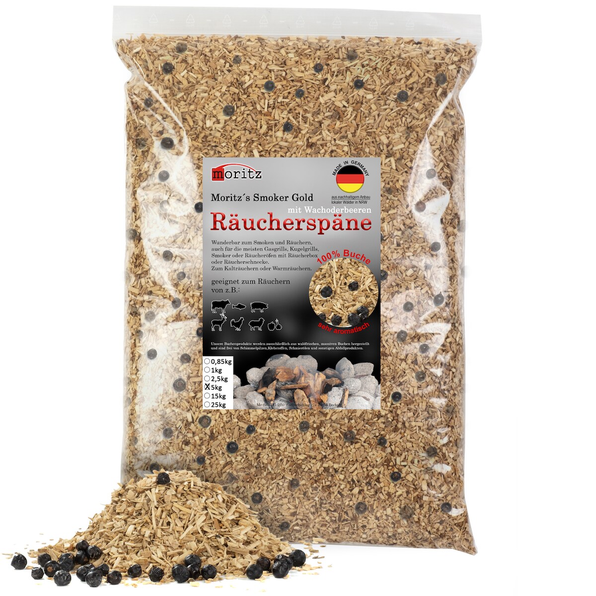 Moritz 5kg Räucherspäne Buche mit Wacholder fein 0,75 -2 mm Räuchern I Kalträuchern von Fisch Fleisch Wurst Käse auch für BBQ I Grill - Räuchermehl Image