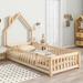 Montessori Floor Bed with Fence and Door, Solid Wood Pine Platform Bed with House-Shaped Headboard, Floor House Bed