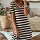 Striped Print Bodycon Dress For Women 2023 Side Split V Neck Short Sleeves Midi Dres Mid-calf Length