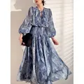 Runway French Spring Fairy Holiday Maxi Dress Women Lace Up O Neck Lantern Sleeve Flower Print