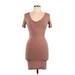 Naked Wardrobe Casual Dress - Bodycon Scoop Neck Short sleeves: Brown Solid Dresses - Women's Size Large