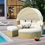 All-Weather Patio Round Outdoor Sectional Sofa Set Wicker Rattan Conversation Set with Adjustable Coffee Table and Retractable Sun Canopy Rectangle Sunbed with Washable Cushions for Backyard Porch