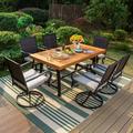 & William 6 Pieces Patio Dining Set for 6 4 PE Rattan Chairs and 1 Rectangular Acacia Wood Table and 1 Bench Outside Table and Chairs with Cushions Outdoor Furniture for Decker Yar
