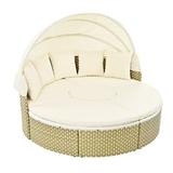 Patio Round Daybed with Retractable Canopy Outdoor Wicker Rattan Sectional Conversation Sofa Furniture Set with Height Adjustable Coffee Table Separate Seating and Removable Cushion Beige