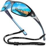 FAGUMA Sports Polarized Sunglasses For Men Cycling Driving Fishing 100% UV Protection Black Blue Frame/Blue Mirrored Lens