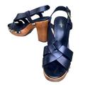 Coach Shoes | Coach Adessa Heel Black Leather Strappy Block Wooden Heel Sandals Size 9.5 | Color: Black/Brown | Size: 9.5