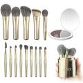 Jilier 14 pcs Mini Makeup Brushes and Pocket Mirror, Travel Makeup Brush Set, LED Compact Mirror with Light, Travel Size with Case, Portable for Handbag, Travel Essentials for Women