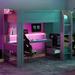 Wood Twin/Full Size Gaming Loft Bed with Bulit-in Desk and Multi-storage Shelves, Kids Loft Bedframe with LED & Charging Station