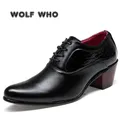 WOLF WHO Luxury Men Dress Wedding Shoes Glossy Leather 6cm High Heels Fashion Pointed Toe Heighten