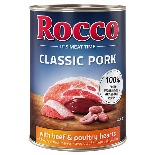 Lot Rocco Classic Pork 12 x 400 g pour chien bœuf, cœurs de volaille