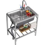 Utility Sink Freestanding Single Bowl Stainless Steel Outdoor Sink Camping Sink Utility Washing Hand Basin w/Faucet and Storage Shelves for Laundry Room Garages Bathroom Backyard Farmhouse