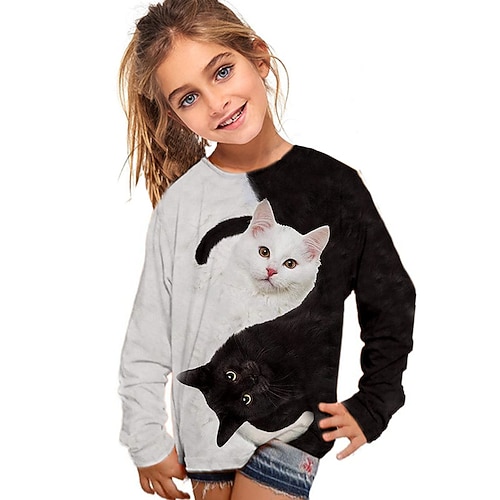 Mädchen 3D Tier Katze T-Shirt Langarm 3D-Druck Herbst Winter Aktiv Modisch Täglich kinderkleidung 3-12 Jahre Outdoor Täglich Regular Fit Image
