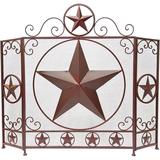 Three-Panel Foldable Fireplace Screen with Rustic Brown Star Detail - Western Country Style Fireplace Cover - Free Standing Decorative & Functional Spark Guard - Firebacks Metal Screen Mesh Cover