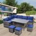 7 Pieces Patio Furniture Set Outdoor Sectional Sofa Set with Dining Table Chairs and Ottomans All Weather PE Rattan Conversation Sofa with Steel Frame Backrest and Removable Cushions (Grey+Blue)