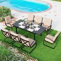 durable Patio Dining Set for 4 Outdoor Furniture Square Bistro Table with 1.57 Umbrella Hole 4 Spring Motion Chairs with Cushion Burgundy for Backyard Garden Lawn