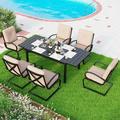 durable 7PCS Outdoor Patio Dining Set 6 Spring Motion Chairs with Cushion 1 Rectangular Expandable Table Porch Lawn Backyard Garden Furniture Sets Beige