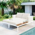 Outdoor Patio Daybed with Wood Topped Side Spaces 2 in 1 Double Chaise Lounger Sleeper Sunbed for Drinks All Weather Garden Loveseat Couch Reclining Chairs for Poolside Balcony Deck Beige