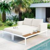 Outdoor Patio Daybed with Wood Topped Side Spaces 2 in 1 Double Chaise Lounger Sleeper Sunbed for Drinks All Weather Garden Loveseat Couch Reclining Chairs for Poolside Balcony Deck Beige